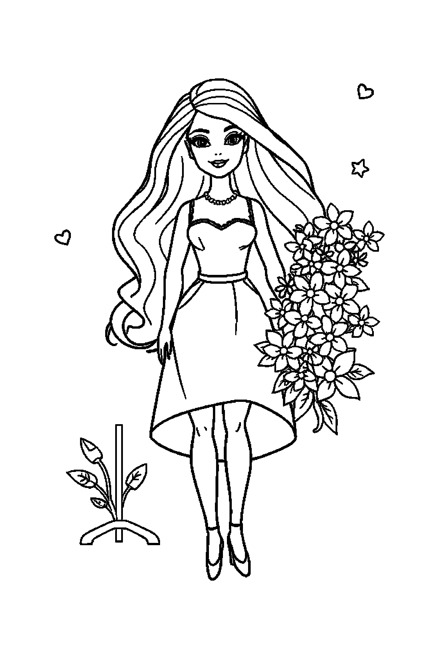 Coloriage Barbie gratuit à imprimer - Barbie styliste devant un bouquet Coloriage Barbie gratuit à imprimer : Barbie styliste devant un bouquet