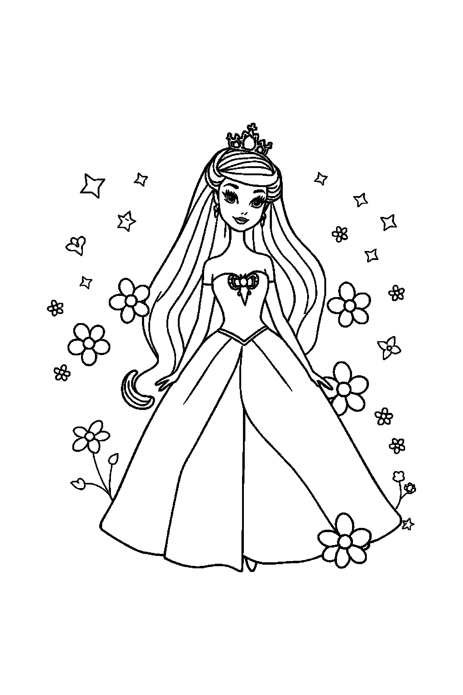 Coloriage Barbie gratuit à imprimer - Barbie princesse avec fleurs autour de lui Coloriage Barbie gratuit à imprimer : Barbie princesse avec fleurs autour de lui