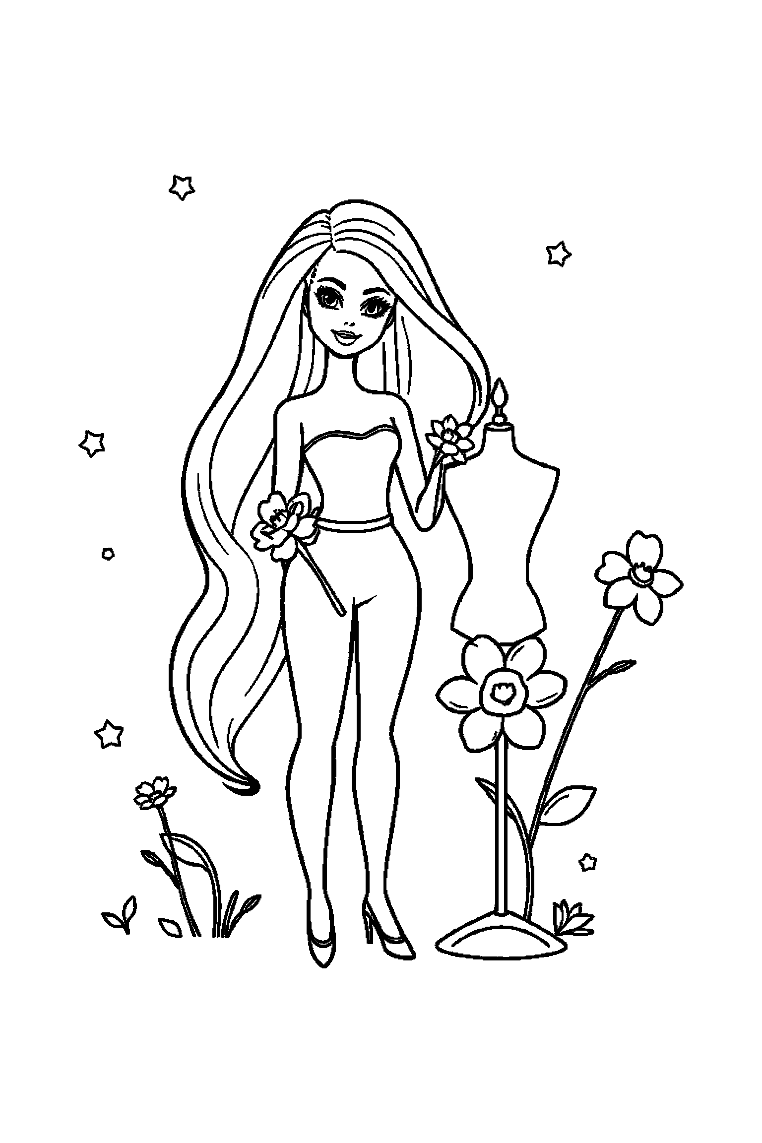Coloriage Barbie gratuit à imprimer - Barbie styliste tenant une fleur Coloriage Barbie gratuit à imprimer : Barbie styliste tenant une fleur
