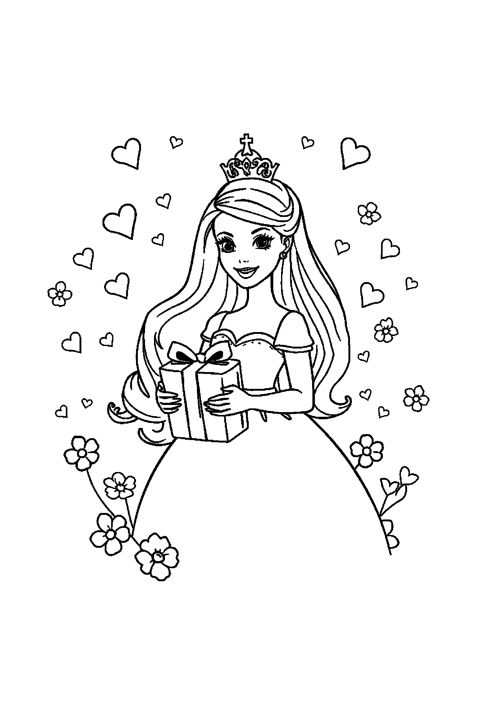 Coloriage Barbie gratuit à imprimer - Barbie princesse avec un cadeau fermé Coloriage Barbie gratuit à imprimer : Barbie princesse avec un cadeau fermé