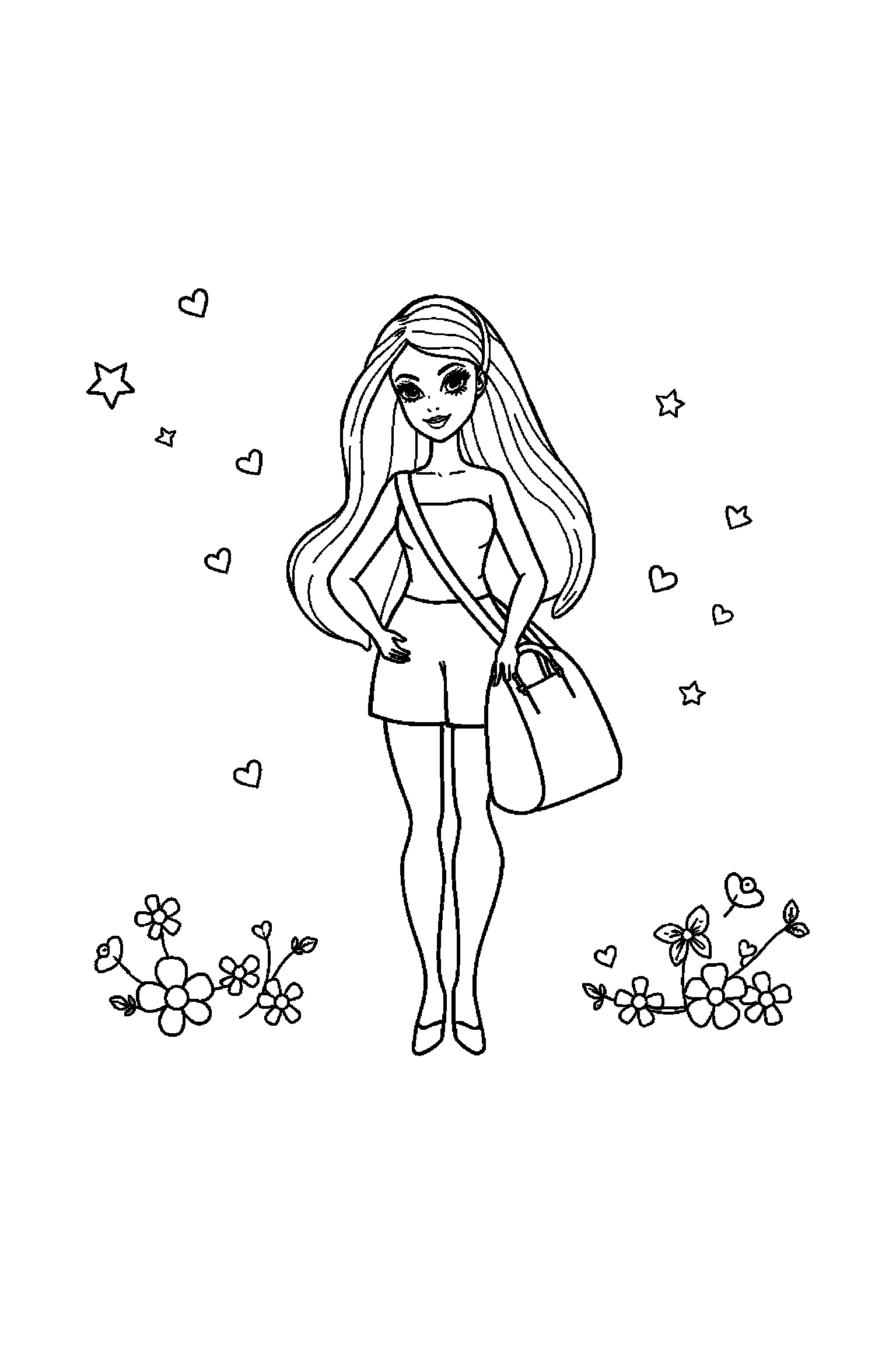 Coloriage Barbie gratuit à imprimer - une poupée mannequin qui montre un sac avec un bras bien attaché au corps Coloriage Barbie gratuit à imprimer : une poupée mannequin qui montre un sac avec un bras bien attaché au corps