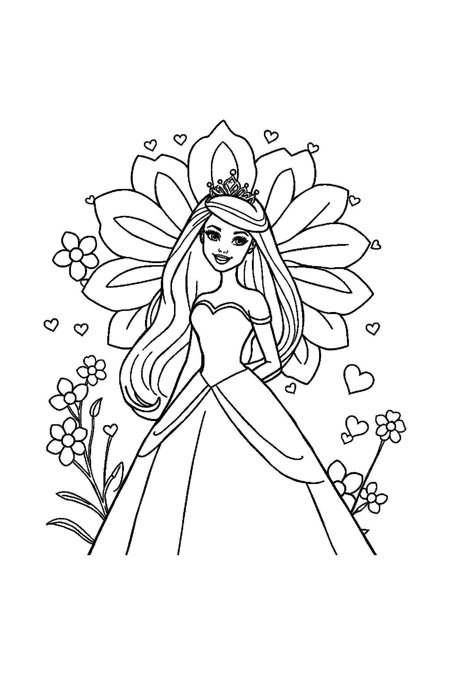 Coloriage Barbie gratuit à imprimer - Barbie princesse souriant devant un grand motif fleurs Coloriage Barbie gratuit à imprimer : Barbie princesse souriant devant un grand motif fleurs