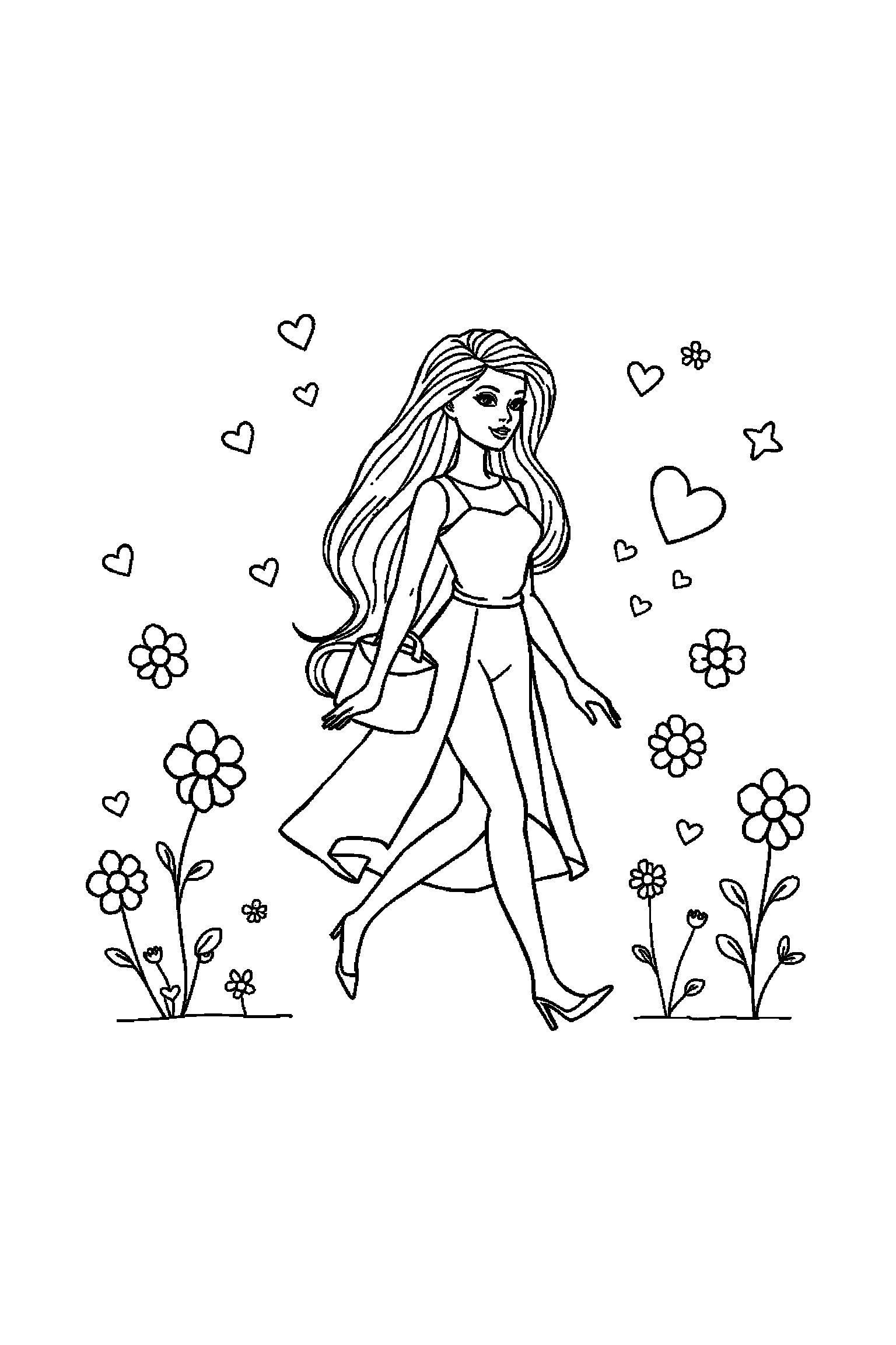Coloriage Barbie gratuit à imprimer - Barbie styliste qui marche calmement Coloriage Barbie gratuit à imprimer : Barbie styliste qui marche calmement
