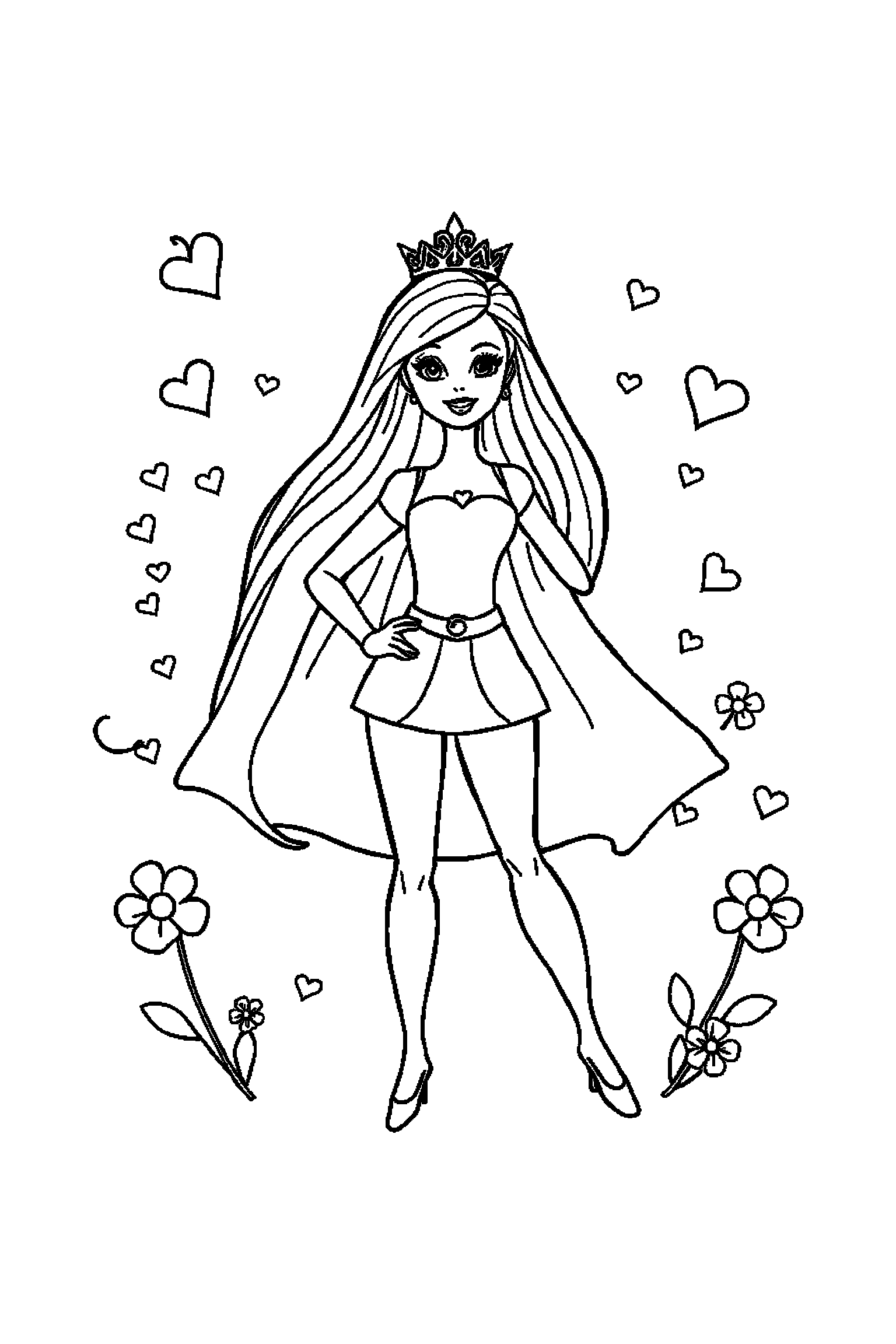 Coloriage Barbie gratuit à imprimer - Barbie dans une pose héroïque facile Coloriage Barbie gratuit à imprimer : Barbie dans une pose héroïque facile
