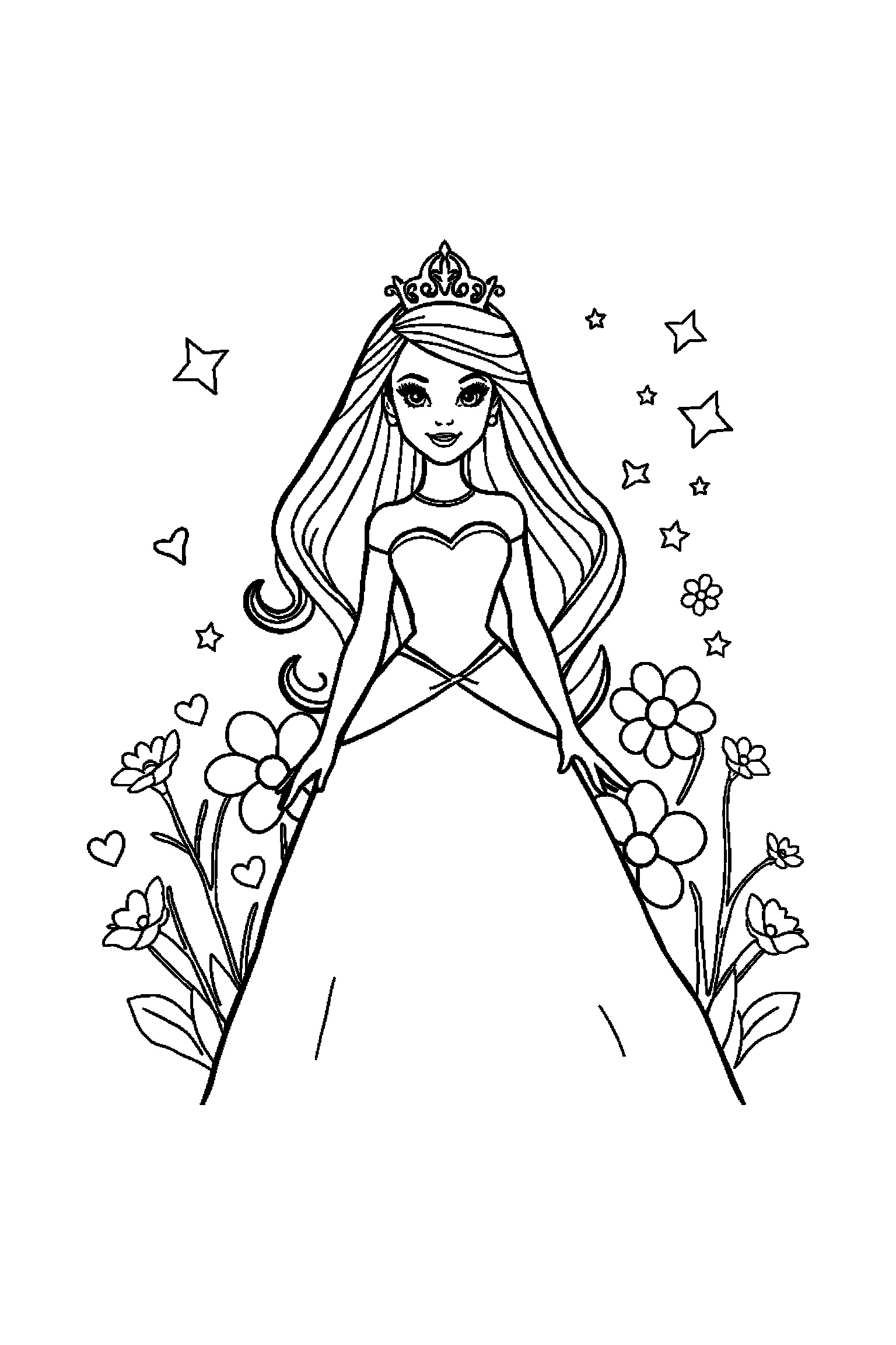Coloriage Barbie gratuit à imprimer - Barbie princesse au centre avec fleurs en arrière-plan Coloriage Barbie gratuit à imprimer : Barbie princesse au centre avec fleurs en arrière-plan