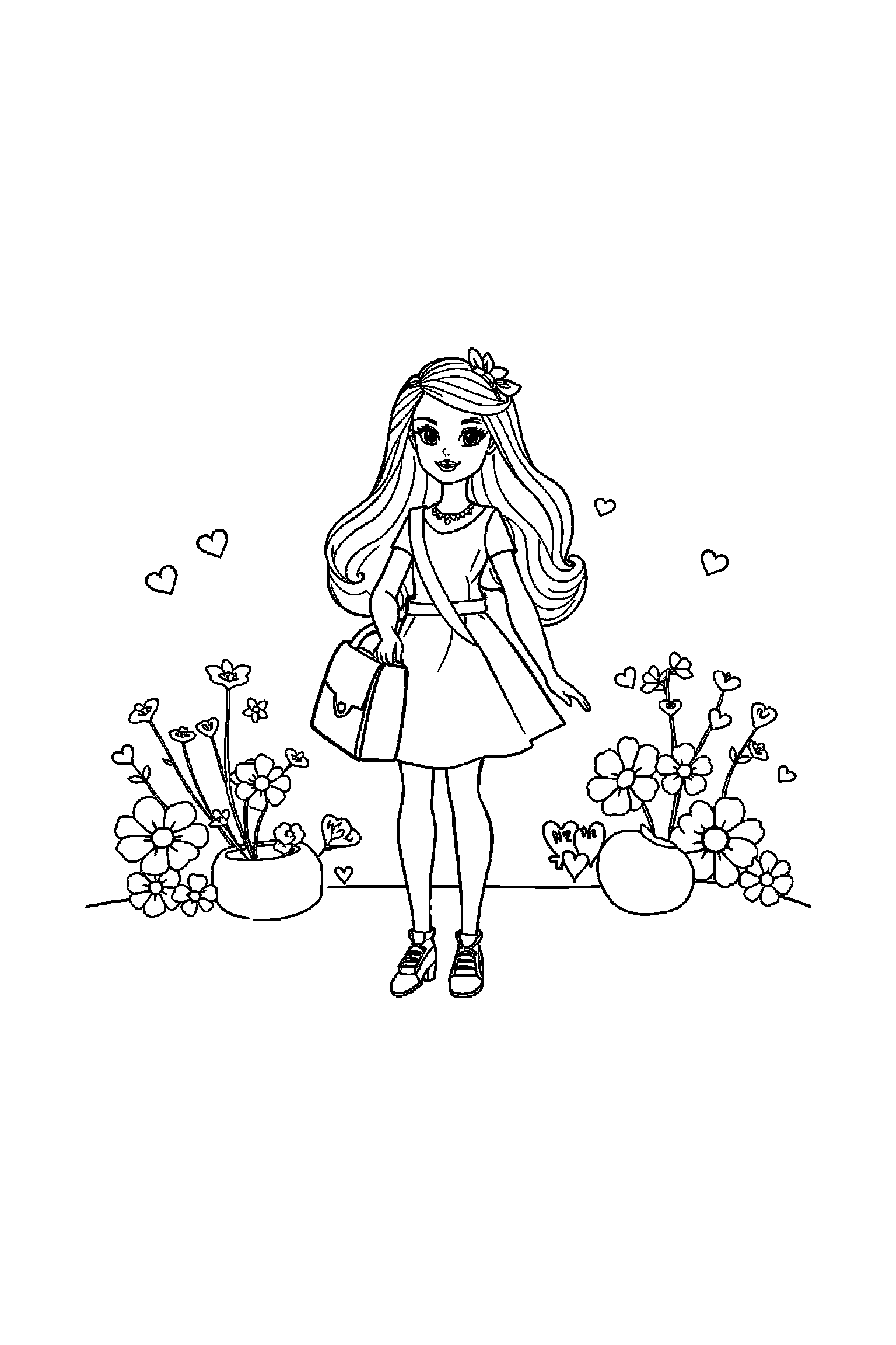Coloriage Barbie gratuit à imprimer - une poupée mannequin avec un sac et des motifs cœurs Coloriage Barbie gratuit à imprimer : une poupée mannequin avec un sac et des motifs cœurs