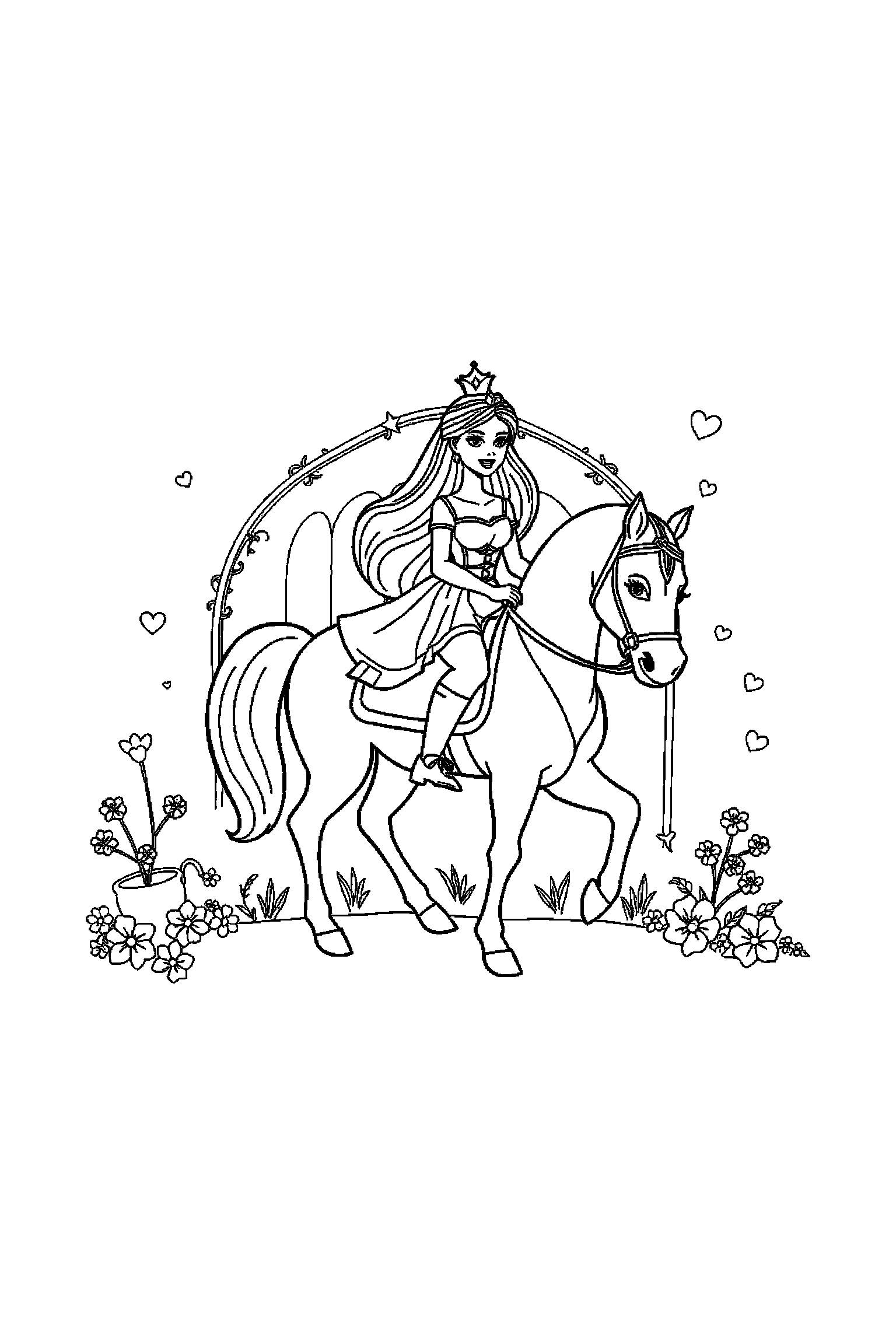 Coloriage Barbie gratuit à imprimer - Barbie cavalière avec un décor d'arrière-plan Coloriage Barbie gratuit à imprimer : Barbie cavalière avec un décor d'arrière-plan