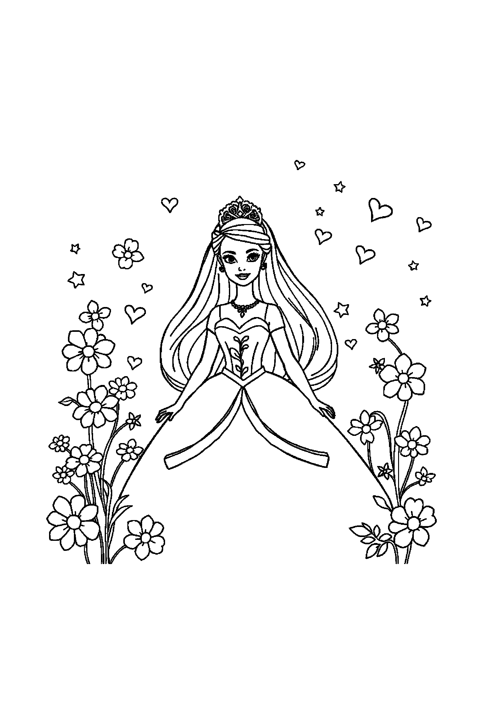 Coloriage Barbie gratuit à imprimer - Barbie princesse entouré par des motifs fleurs Coloriage Barbie gratuit à imprimer : Barbie princesse entouré par des motifs fleurs