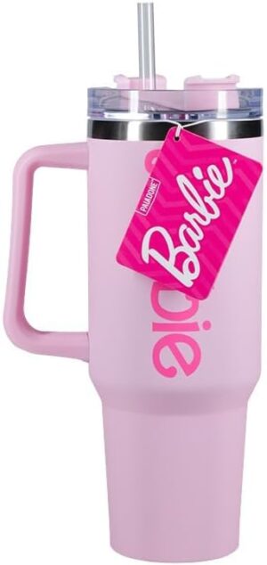 Gourde Barbie rose 1,2 l en acier inoxydable avec couvercle et paille
