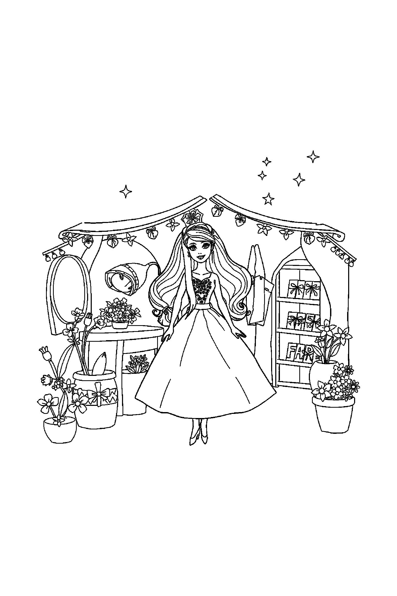Coloriage Barbie gratuit à imprimer - Barbie styliste dans une scène joyeuse Coloriage Barbie gratuit à imprimer : Barbie styliste dans une scène joyeuse