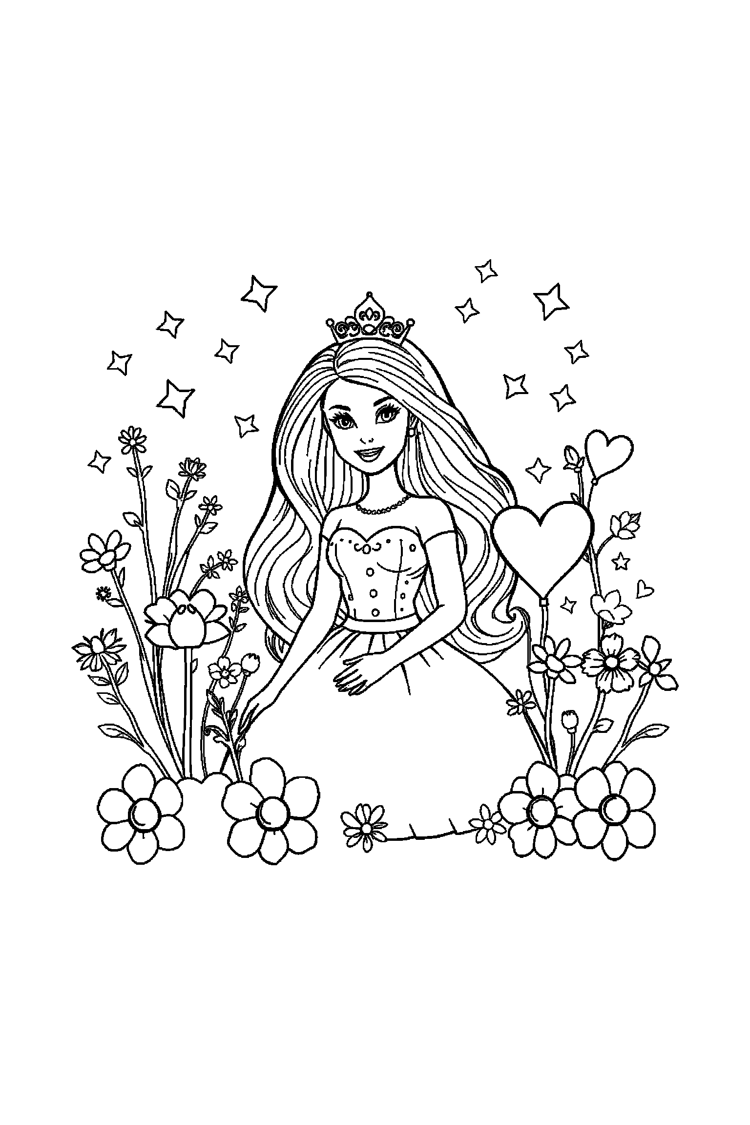 Coloriage Barbie gratuit à imprimer - Barbie au milieu de grands éléments faciles Coloriage Barbie gratuit à imprimer : Barbie au milieu de grands éléments faciles