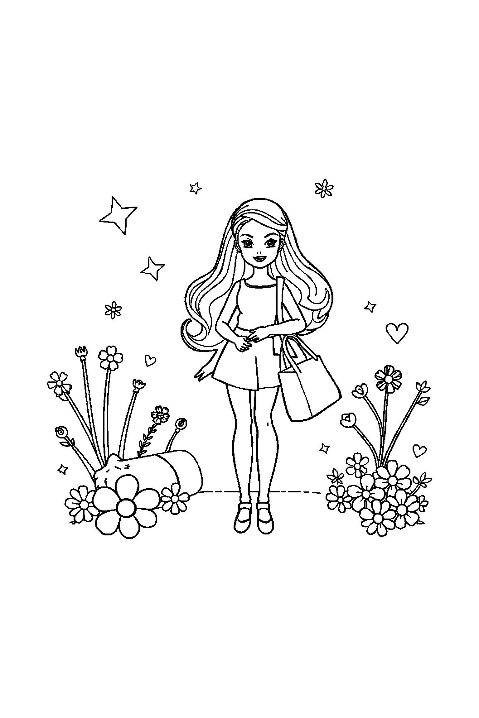 Coloriage Barbie gratuit à imprimer - une poupée mannequin avec un sac sur un fond clair Coloriage Barbie gratuit à imprimer : une poupée mannequin avec un sac sur un fond clair