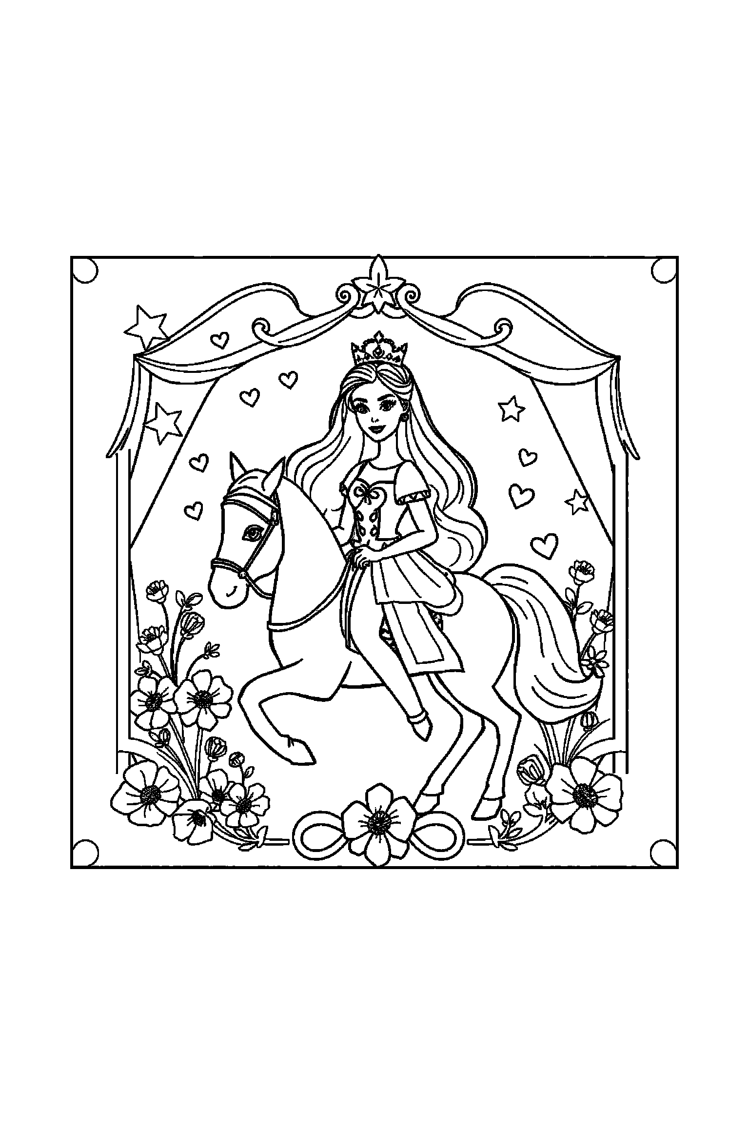 Coloriage Barbie gratuit à imprimer - Barbie cavalière dans un cadre décoratif léger Coloriage Barbie gratuit à imprimer : Barbie cavalière dans un cadre décoratif léger