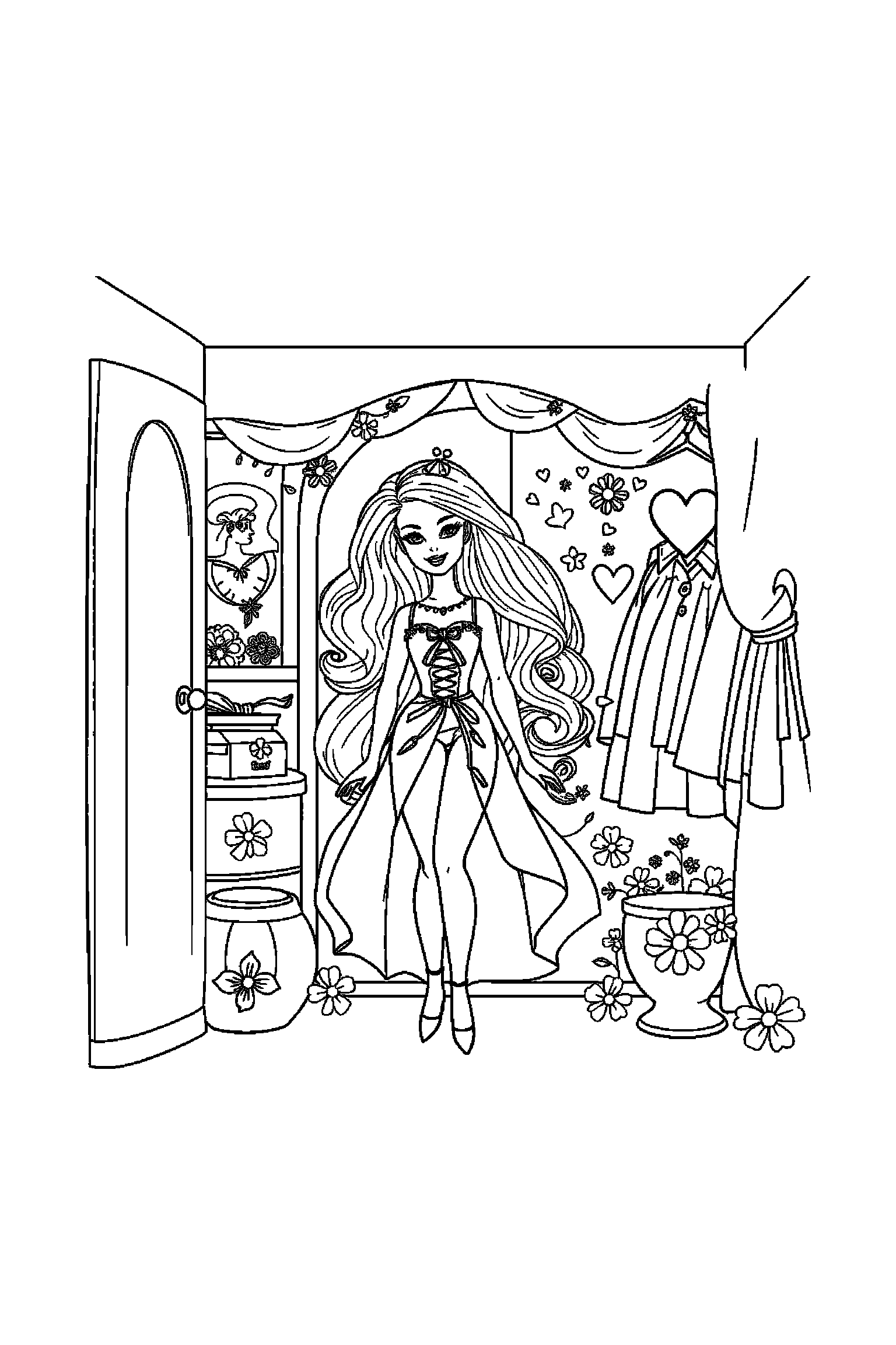 Coloriage Barbie gratuit à imprimer - Barbie dans un dressing avec plusieurs détails Coloriage Barbie gratuit à imprimer : Barbie dans un dressing avec plusieurs détails