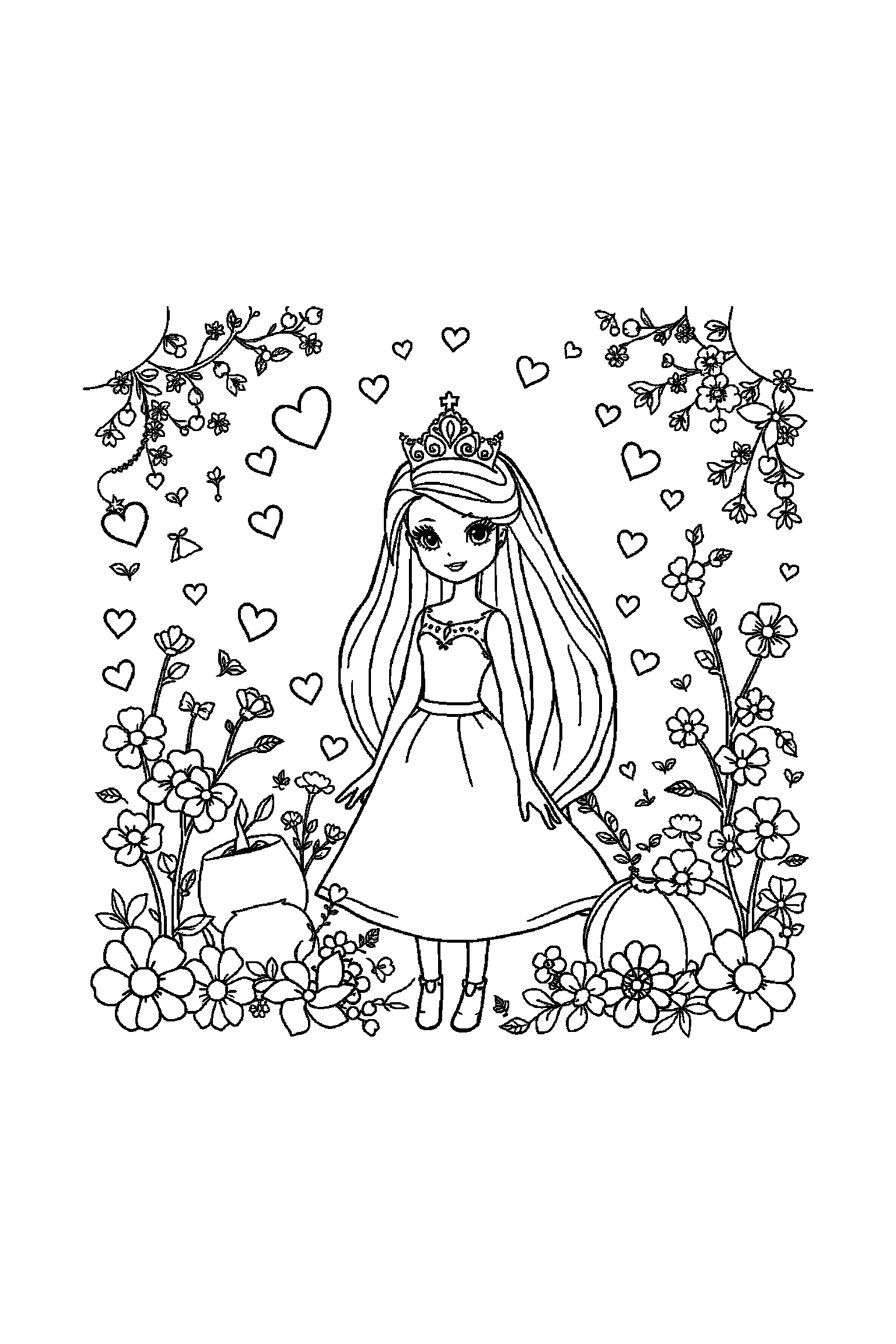 Coloriage Barbie gratuit à imprimer - une poupée mannequin entouré par des motifs cœurs et de petits objets Coloriage Barbie gratuit à imprimer : une poupée mannequin entouré par des motifs cœurs et de petits objets