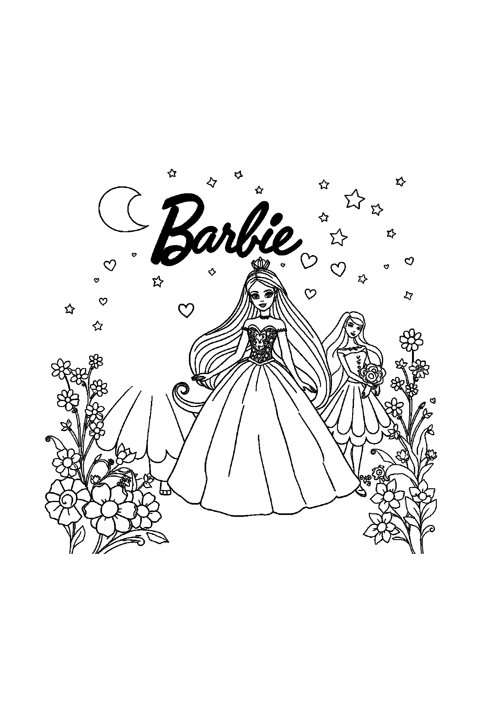 Coloriage Barbie gratuit à imprimer - scène verticale avec Barbie princesse et Barbie et ses amies Coloriage Barbie gratuit à imprimer : scène verticale avec Barbie princesse et Barbie et ses amies