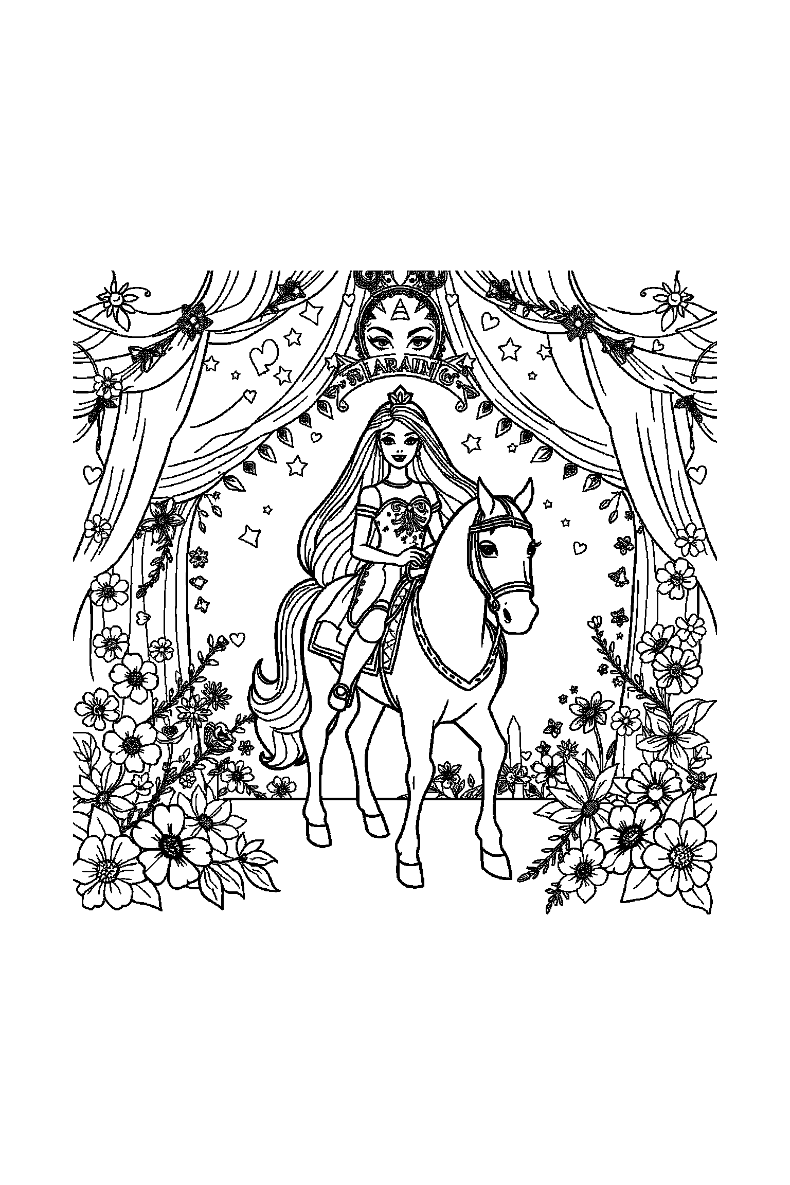 Coloriage Barbie gratuit à imprimer - Barbie cavalière au centre d'un décor riche mais lisible Coloriage Barbie gratuit à imprimer : Barbie cavalière au centre d'un décor riche mais lisible