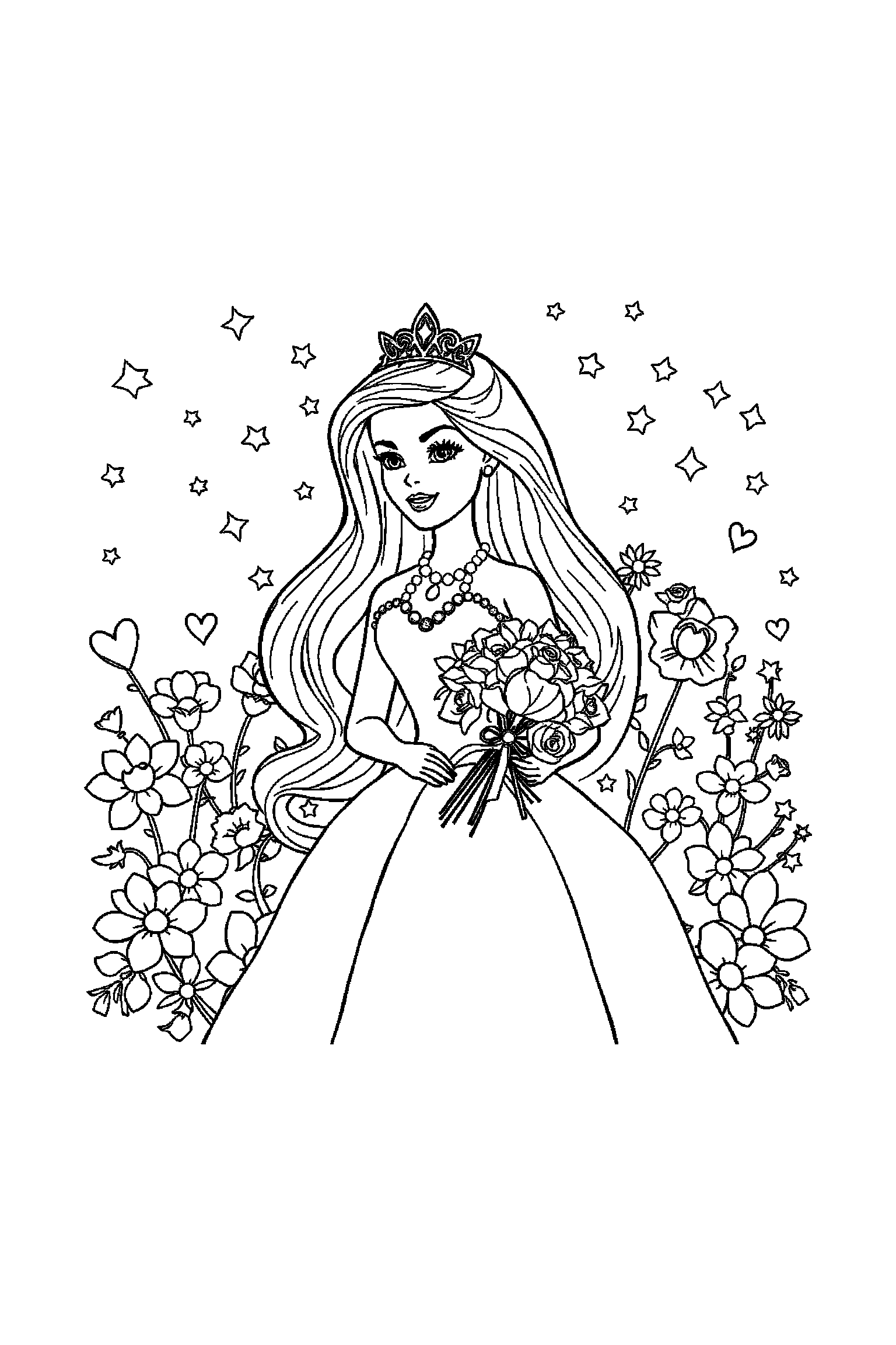 Coloriage Barbie gratuit à imprimer - Barbie styliste avec un bouquet, perles et arrière-plan complet Coloriage Barbie gratuit à imprimer : Barbie styliste avec un bouquet, perles et arrière-plan complet