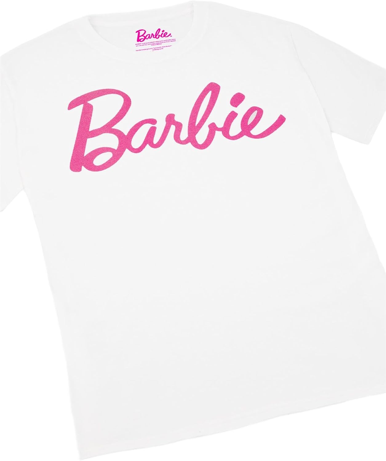 Tee shirt Barbie blanc à manches courtes avec logo rose pour femme – Image 8