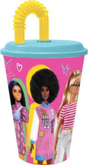 Gobelet Barbie rose et bleu avec paille et couvercle flexible 430 ml