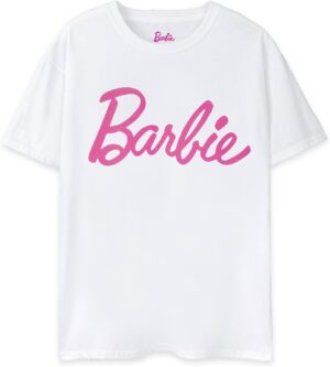 Tee shirt Barbie blanc à manches courtes avec logo rose pour femme