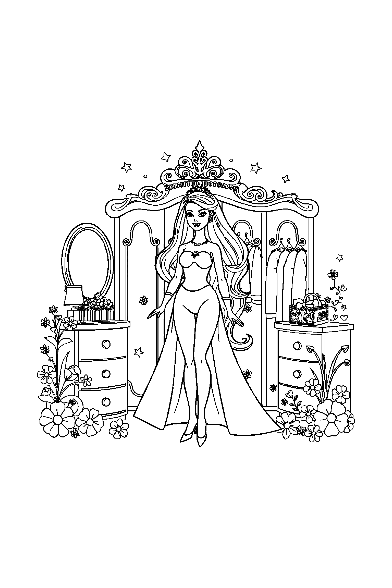 Coloriage Barbie gratuit à imprimer - Barbie avec décor détaillé de un dressing Coloriage Barbie gratuit à imprimer : Barbie avec décor détaillé de un dressing