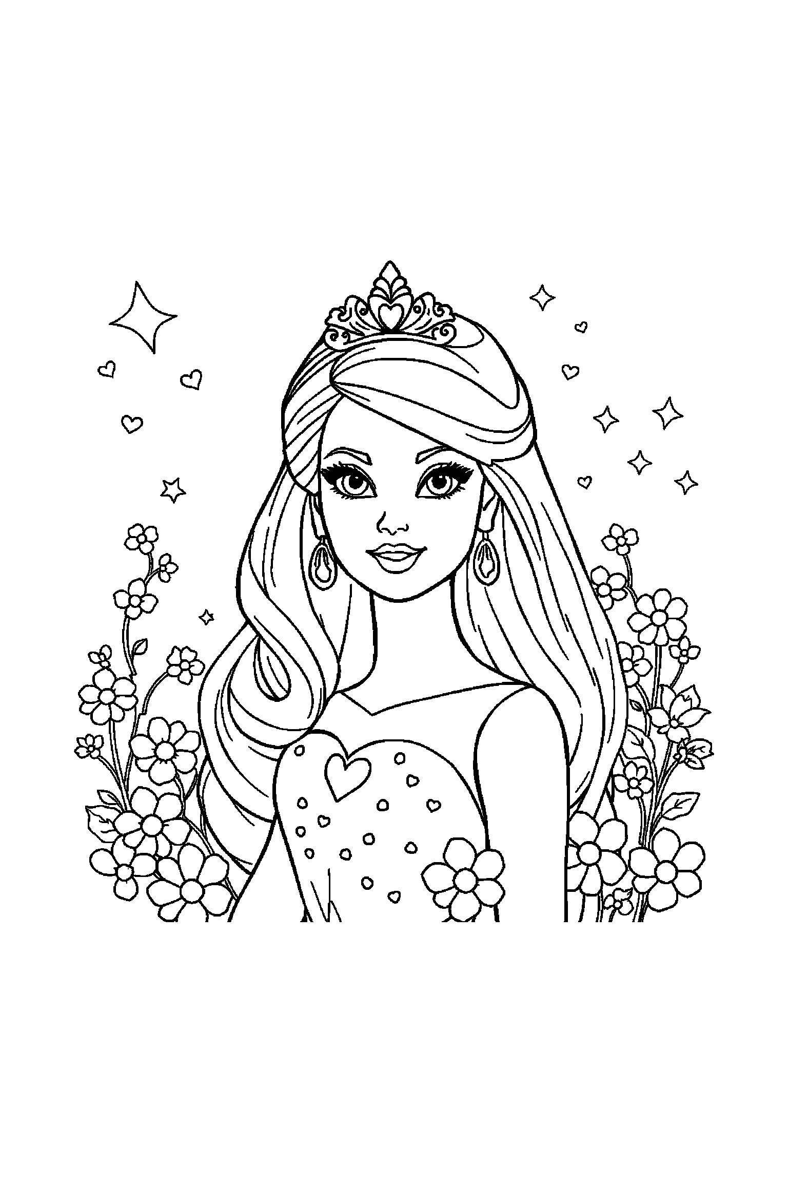 Coloriage Barbie gratuit à imprimer - portrait détaillé de une poupée mannequin avec motifs cœurs Coloriage Barbie gratuit à imprimer : portrait détaillé de une poupée mannequin avec motifs cœurs