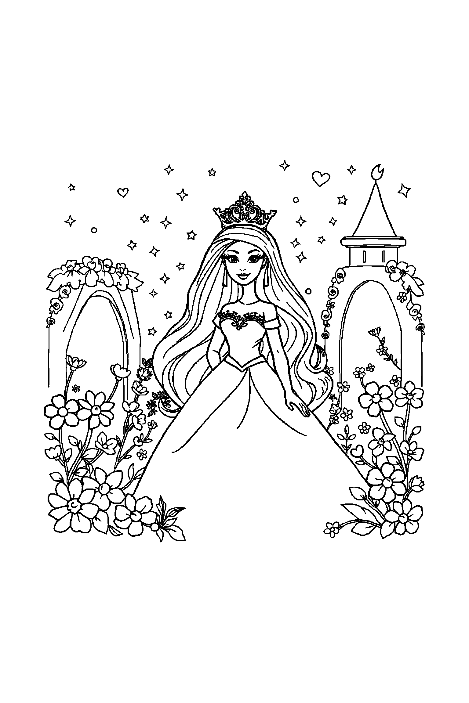 Coloriage Barbie gratuit à imprimer - Barbie princesse dans une scène verticale avec une couronne Coloriage Barbie gratuit à imprimer : Barbie princesse dans une scène verticale avec une couronne