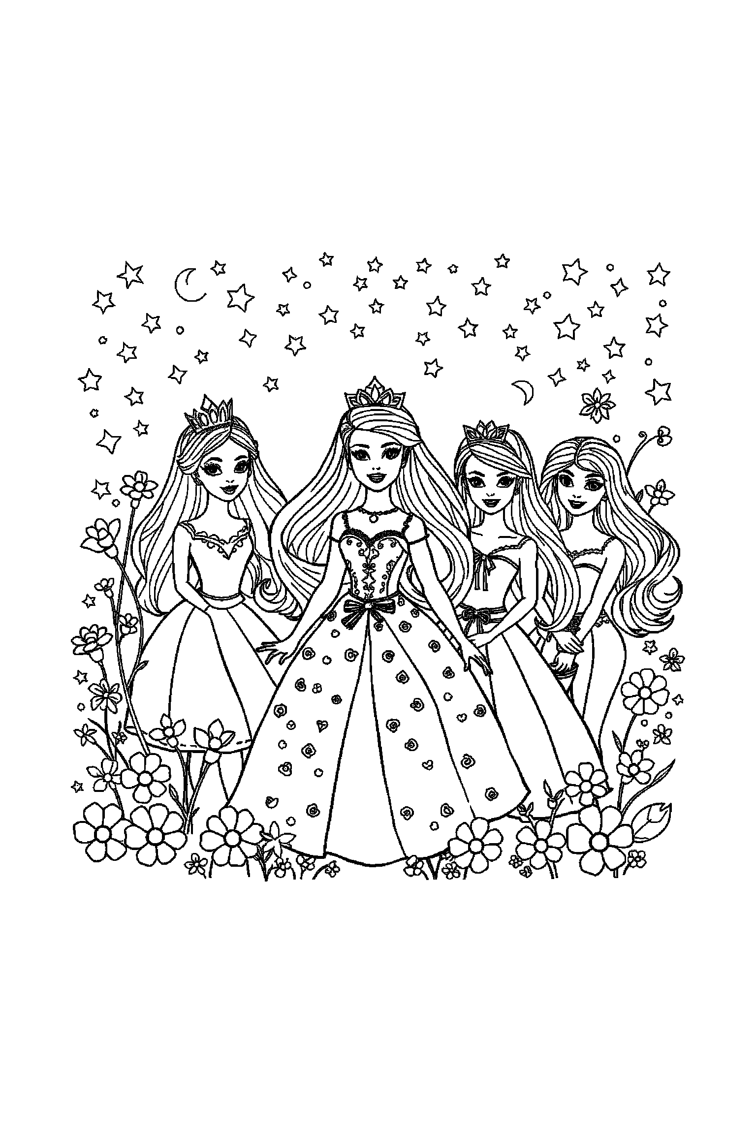 Coloriage Barbie gratuit à imprimer - Barbie et ses amies avec arrière-plan complet à colorier Coloriage Barbie gratuit à imprimer : Barbie et ses amies avec arrière-plan complet à colorier