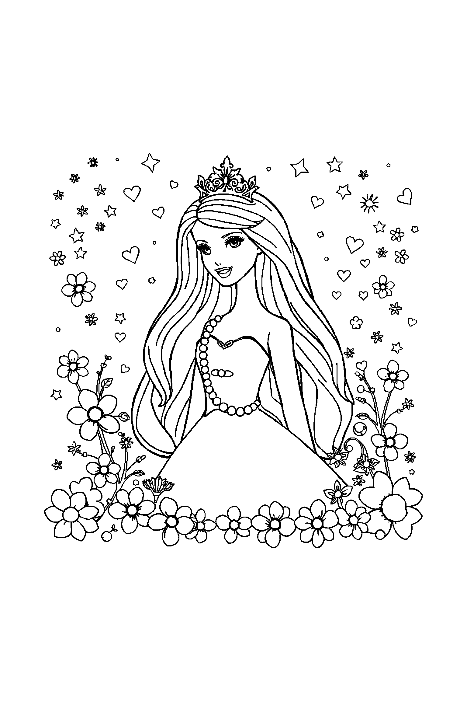 Coloriage Barbie gratuit à imprimer - Barbie styliste entouré de perles et petits détails Coloriage Barbie gratuit à imprimer : Barbie styliste entouré de perles et petits détails