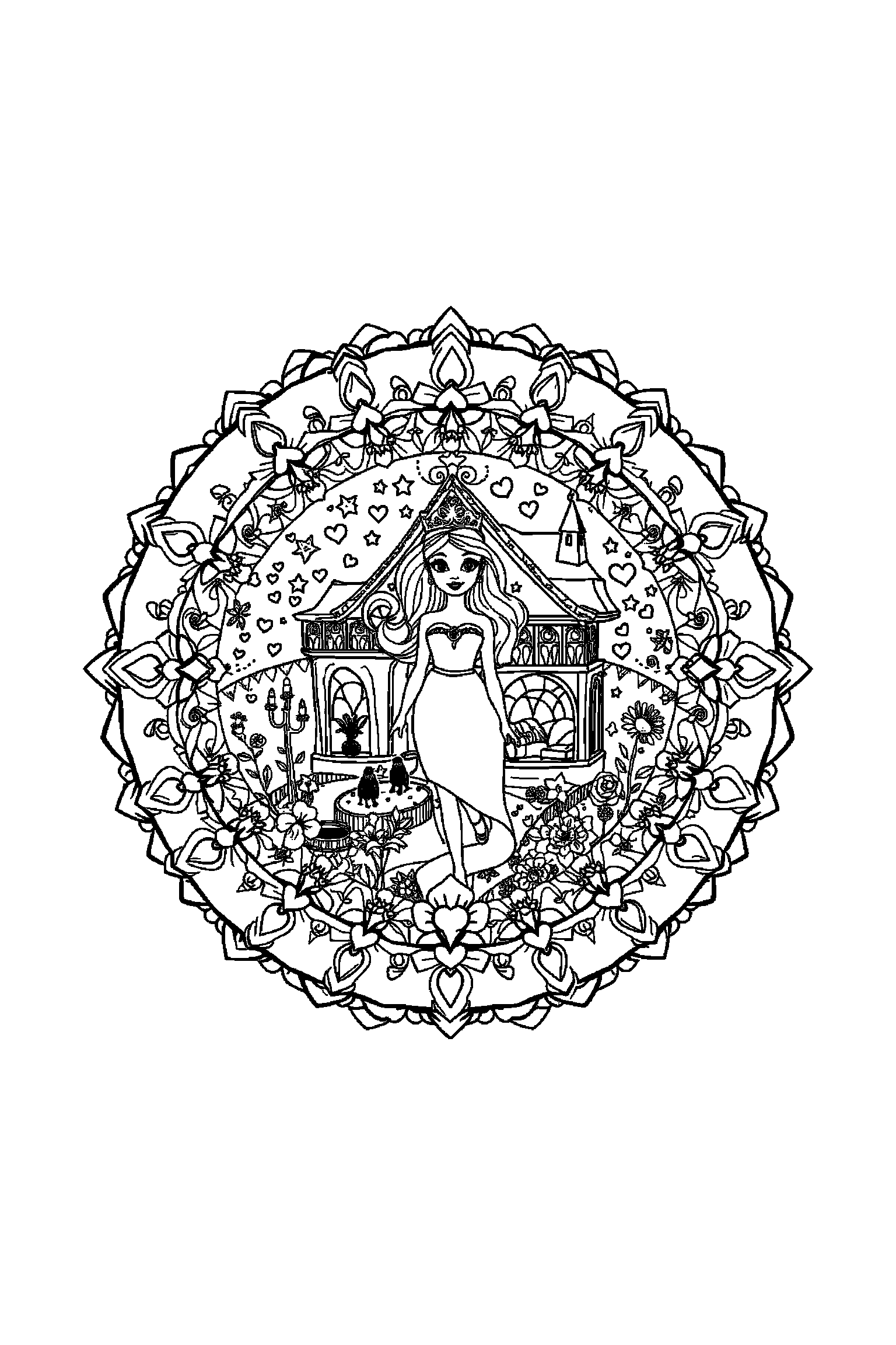 Coloriage Barbie gratuit à imprimer - une poupée mannequin au centre avec scène détaillée de une maison de rêve Coloriage Barbie gratuit à imprimer : une poupée mannequin au centre avec scène détaillée de une maison de rêve