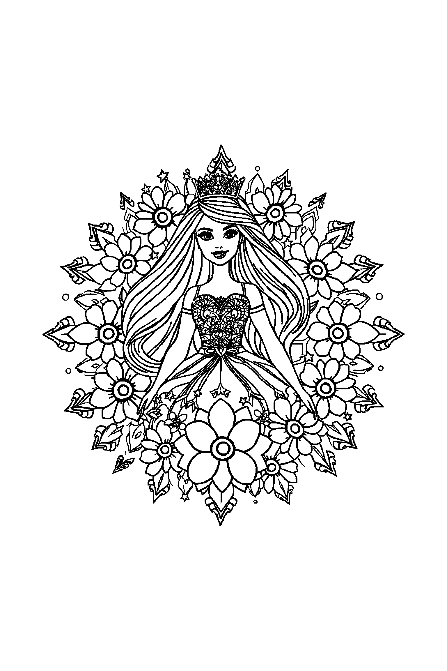 Coloriage Barbie gratuit à imprimer - motif difficile de fleurs autour de Barbie princesse Coloriage Barbie gratuit à imprimer : motif difficile de fleurs autour de Barbie princesse