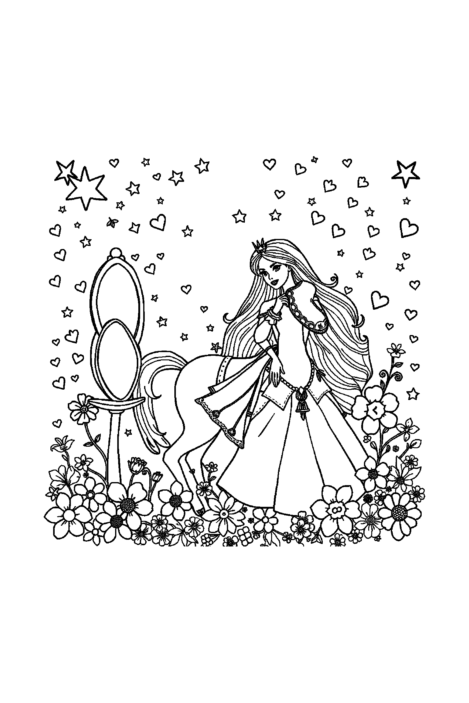 Coloriage Barbie gratuit à imprimer - scène verticale détaillée avec Barbie cavalière et un miroir Coloriage Barbie gratuit à imprimer : scène verticale détaillée avec Barbie cavalière et un miroir