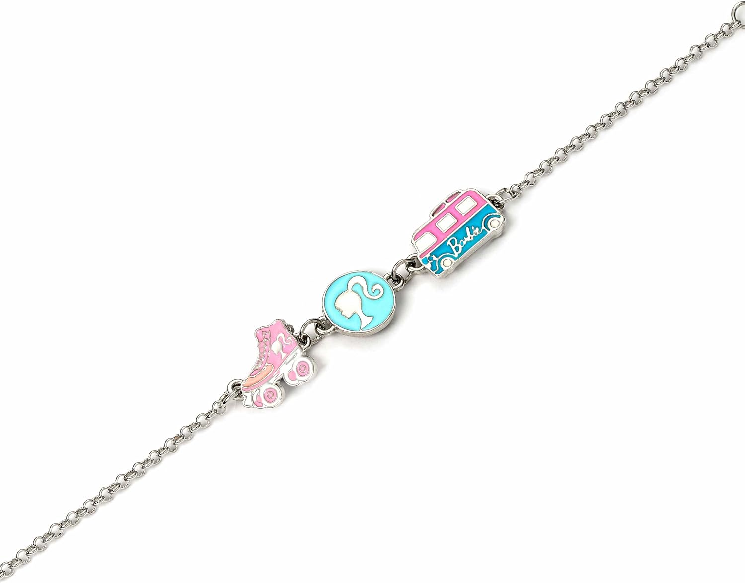 Bracelet Barbie™ en Zinc avec 3 breloques émaillées silhouette, patin et camping-car – Image 3