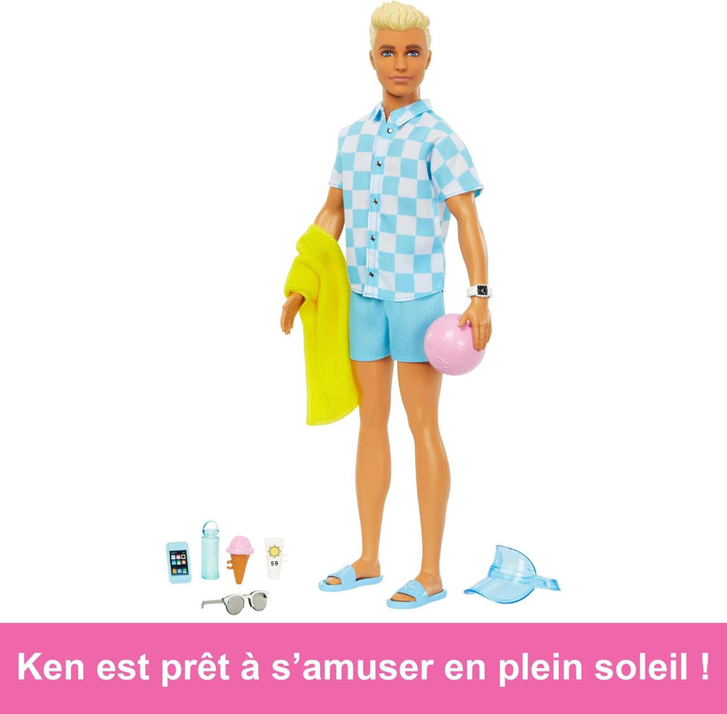Ken Barbie blond de plage avec chemise bleue et accessoires HPL74 – Image 5