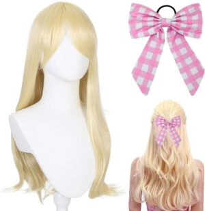 Perruque Barbie princesse blonde avec serre-tête à nœud rose