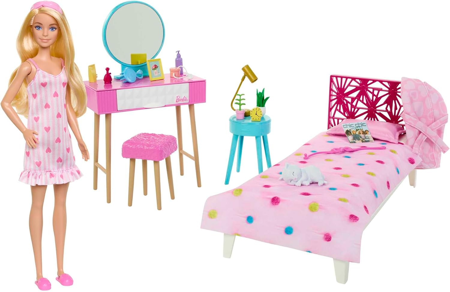 Coffret chambre Barbie avec poupée mannequin, lit, coiffeuse et chaton HPT55 – Image 2