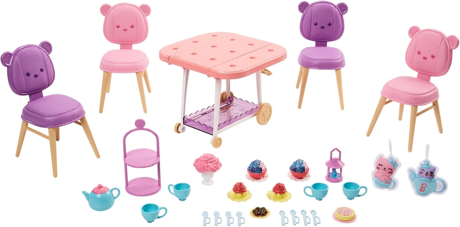Ma Première Barbie, coffret Heure du Goûter jeu de thé avec chariot de desserts, 18 accessoires et 2 peluches HMM65 – Image 5
