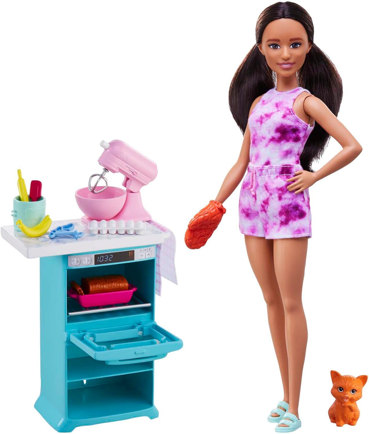 Barbie Pâtissière brune 26 cm avec four, robot pâtissier et chaton HCD44