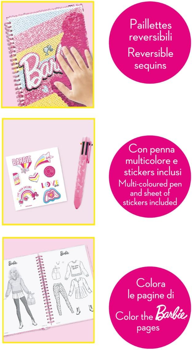 Barbie My Notebook avec paillettes réversibles et stylo multicolore – Image 3