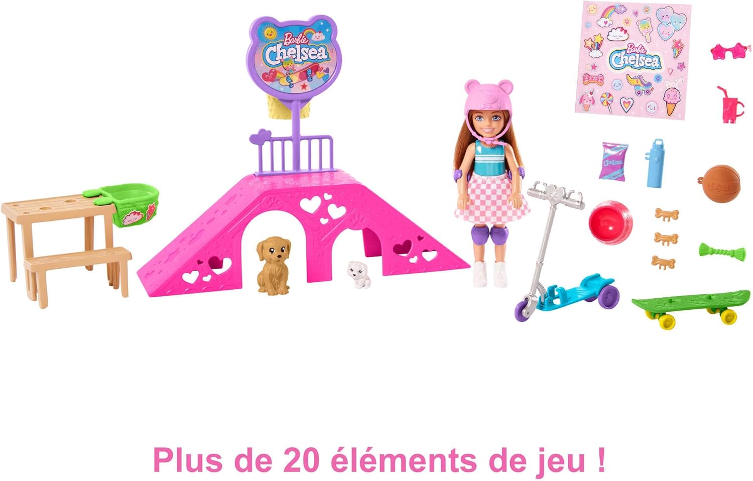 Barbie Chelsea au skatepark avec trottinette, 2 chiots et accessoires – Image 5