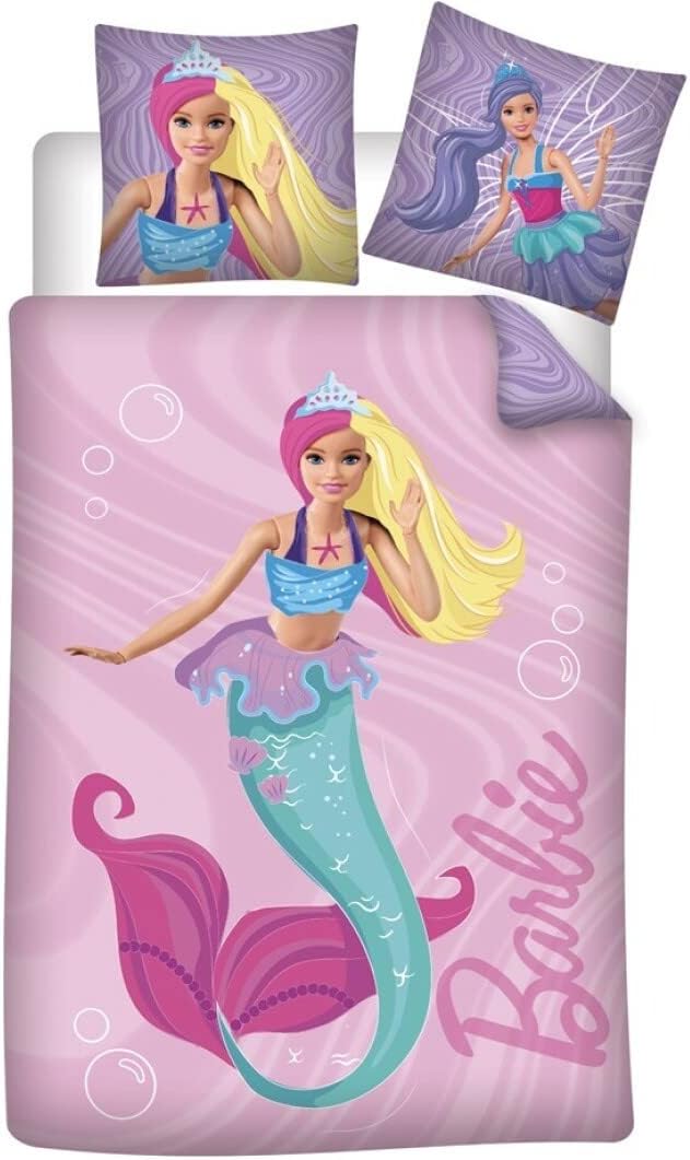 Parure Barbie Sirène réversible en 100% Coton avec housse de couette rose 140x200 cm et taie 65x65 cm