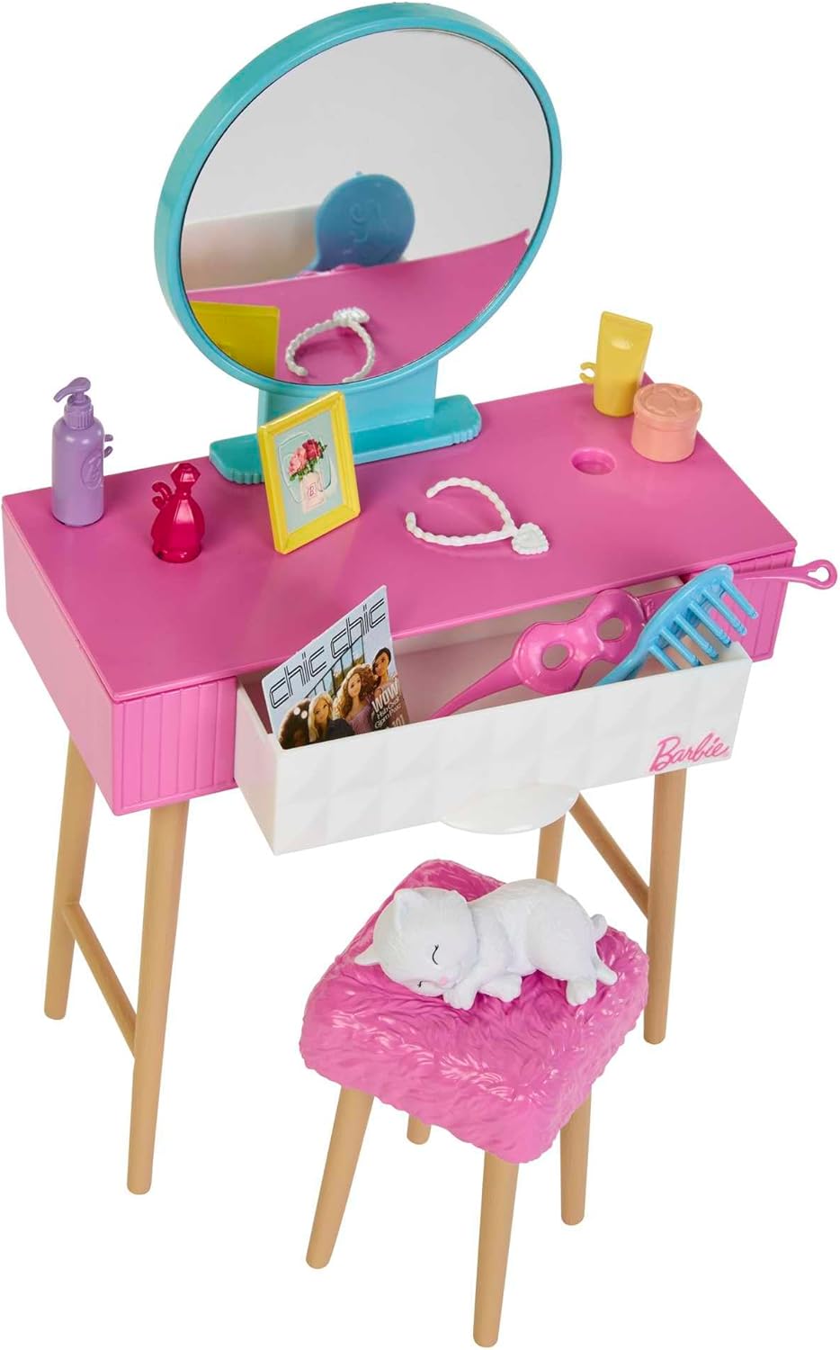 Coffret chambre Barbie avec poupée mannequin, lit, coiffeuse et chaton HPT55 – Image 8