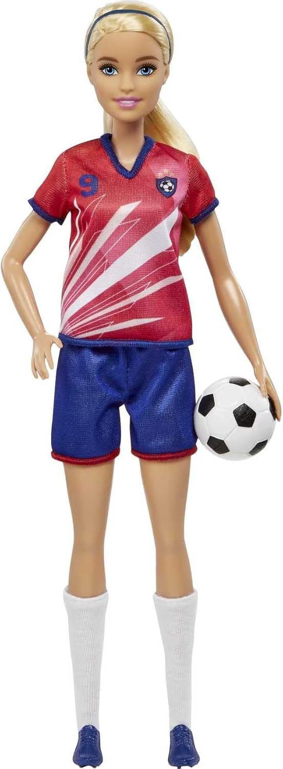 Barbie footballeuse n° 9 avec balle de foot et queue de cheval blonde