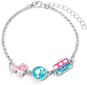 Bracelet Barbie™ en Zinc avec 3 breloques émaillées silhouette, patin et camping-car