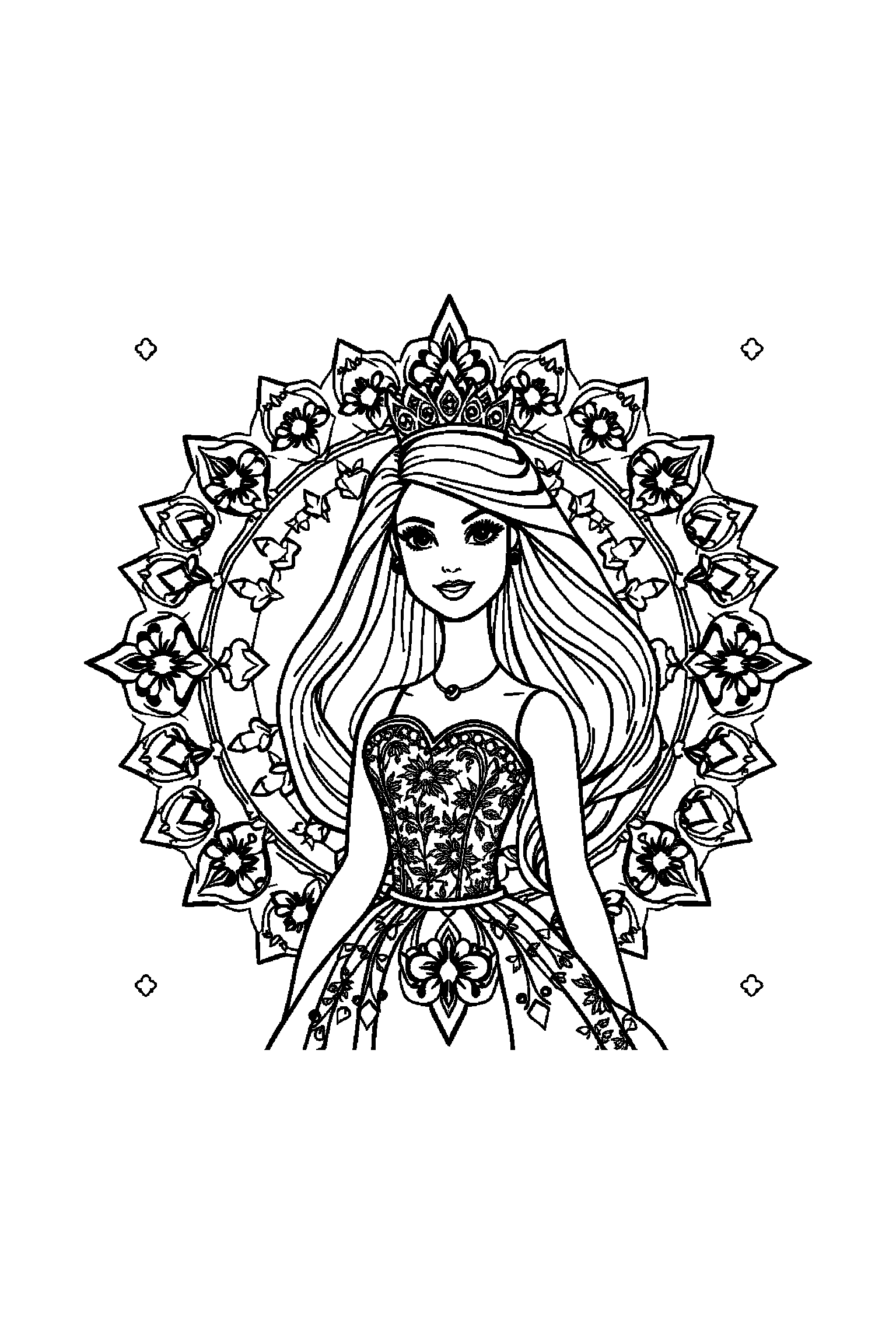Coloriage Barbie gratuit à imprimer - poster A4 détaillé de Barbie avec mandala étoiles Coloriage Barbie gratuit à imprimer : poster A4 détaillé de Barbie avec mandala étoiles