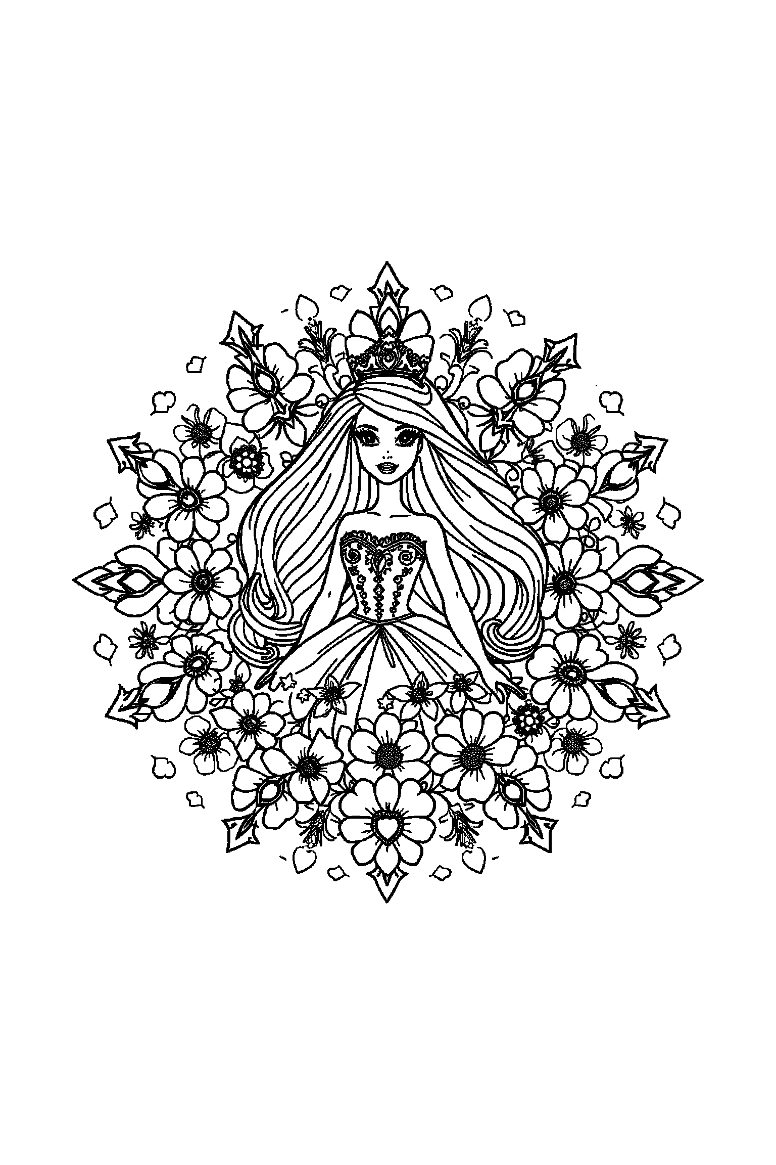 Coloriage Barbie gratuit à imprimer - motif difficile de fleurs autour de Barbie princesse Coloriage Barbie gratuit à imprimer : motif difficile de fleurs autour de Barbie princesse