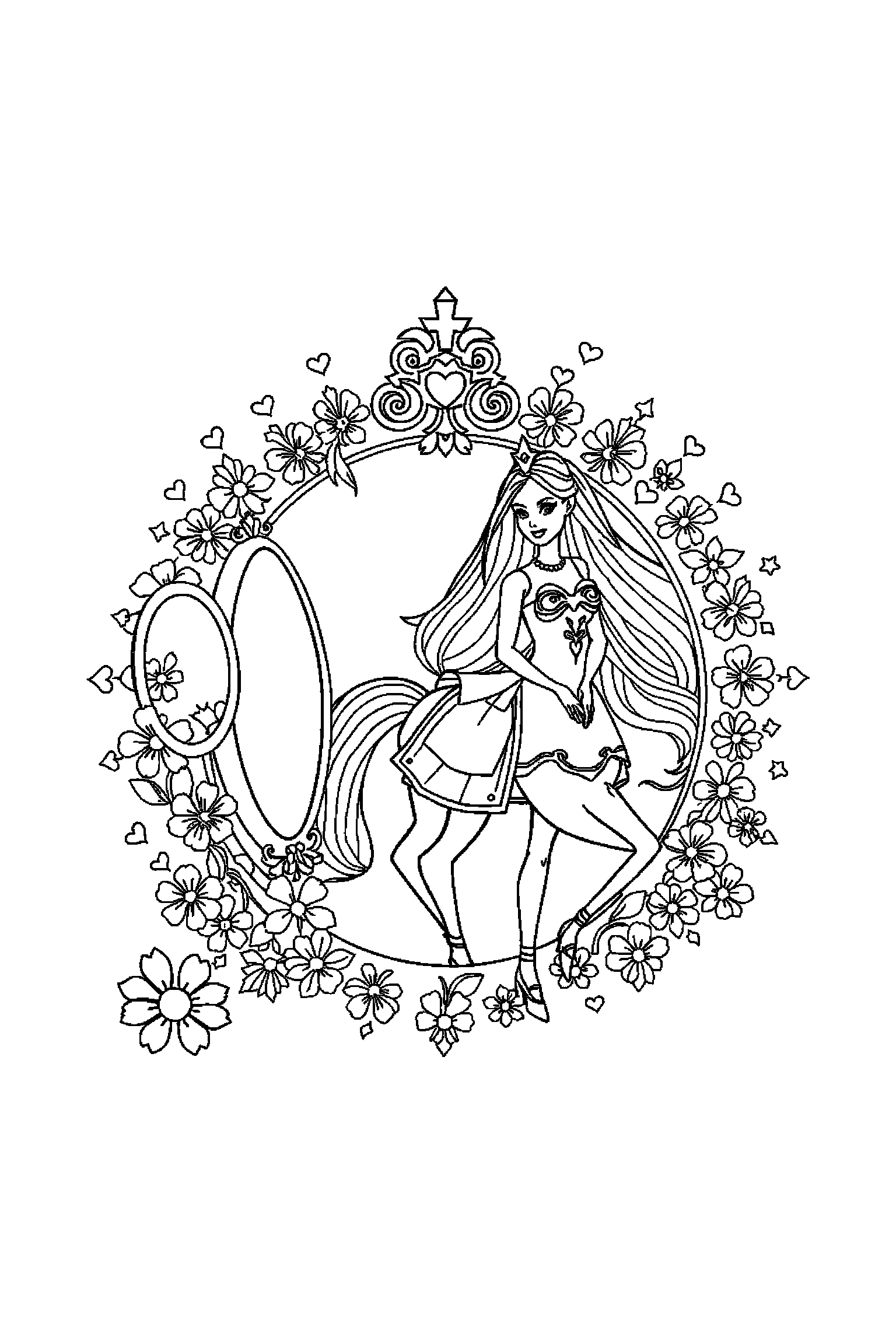 Coloriage Barbie gratuit à imprimer - scène verticale détaillée avec Barbie cavalière et un miroir Coloriage Barbie gratuit à imprimer : scène verticale détaillée avec Barbie cavalière et un miroir