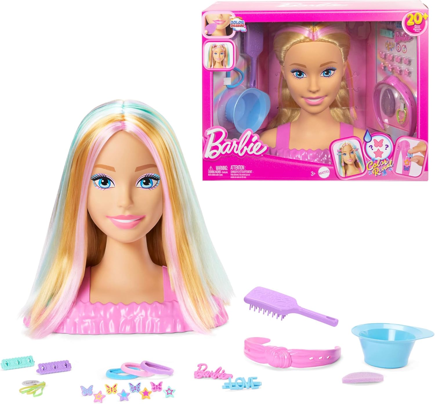 Barbie Tête à coiffer Color Reveal, cheveux blonds et 20 accessoires JFG81