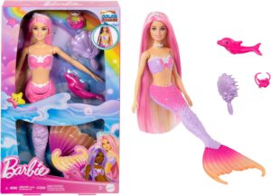 Barbie « Malibu » sirène aux cheveux roses avec dauphin et changement de couleur